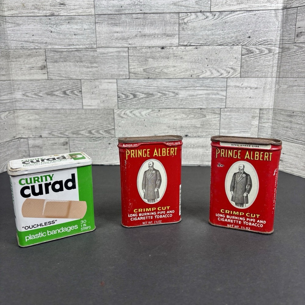 Vintage curity Curad Bandag/ Prince Albert Crimp Cut Tobacco Tin Lot‎ Of 3